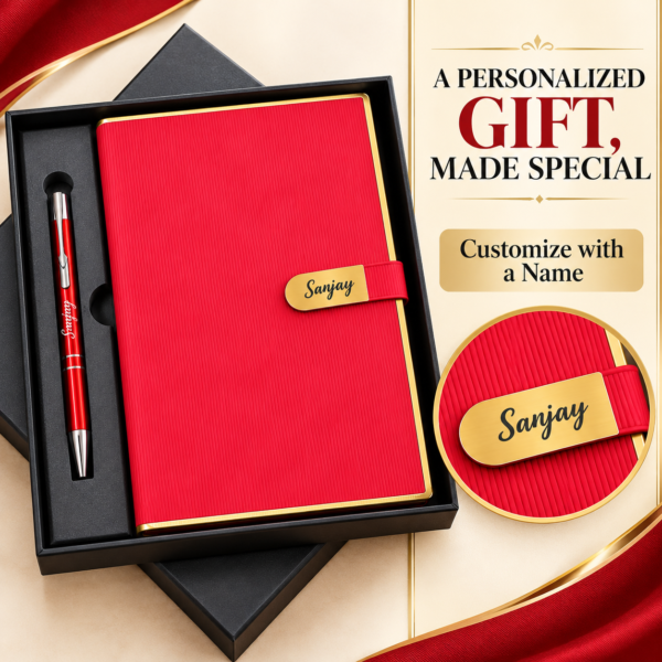 Premium Customized Red Diary & Metal Pen Gift Set with Gift Box | Personalized Name Notebook for Corporate Gifting, Office & Professionals