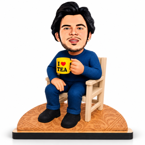 Personalized Tea Lover Caricature from Photo – 6 Inch Custom Chai Lover Figurine with I Love Tea Mug