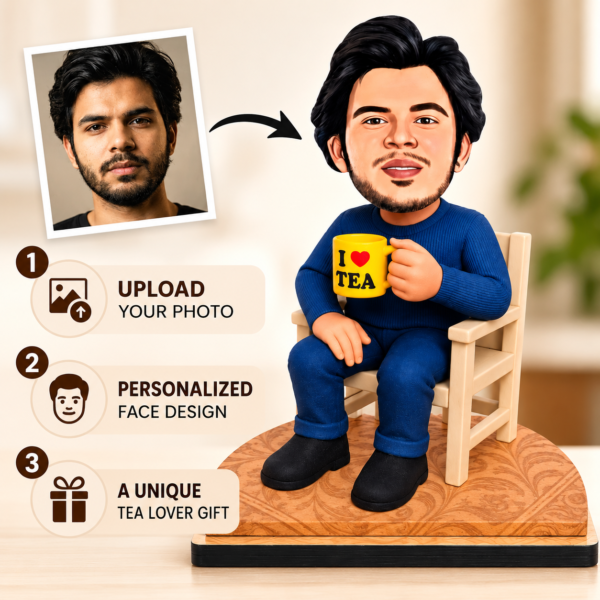 39325665-d08f-4eb2-82bf-ec6c8a4381af Personalized Tea Lover Caricature from Photo – 6 Inch Custom Chai Lover Figurine with I Love Tea Mug