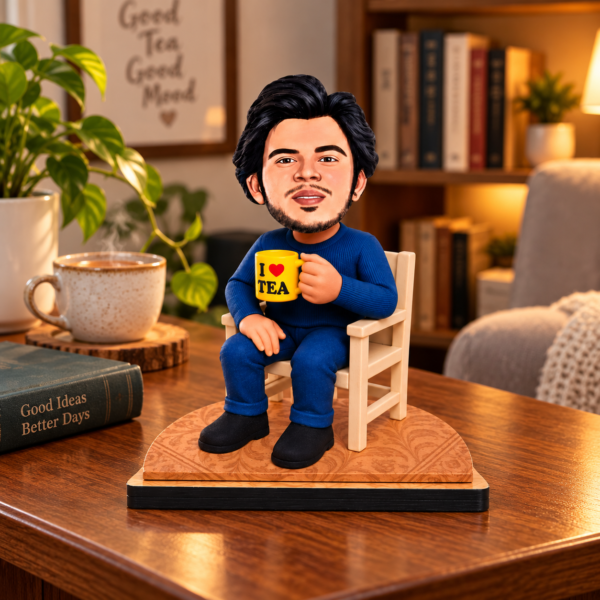3dd43efd-e514-464e-9ffa-a6c4a2b3df00 Personalized Tea Lover Caricature from Photo – 6 Inch Custom Chai Lover Figurine with I Love Tea Mug