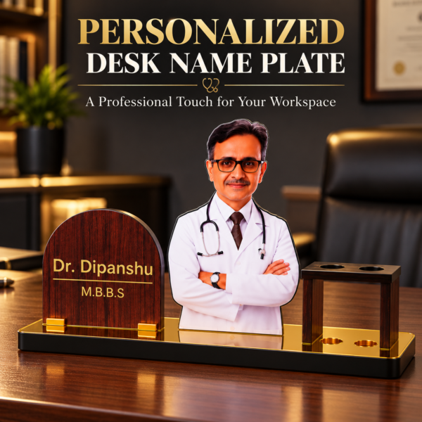 Personalized Doctor Desk Name Plate with Photo | Custom Wooden Doctor Name Board with Pen Holder for Clinic, Hospital & Medical Office