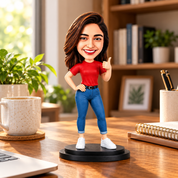 5489c426-6810-4a45-a549-e84e50f08974 Personalized Caricature Doll from Photo – 6 Inch Custom Miniature Girl Figurine in Red T-Shirt and Blue Jeans
