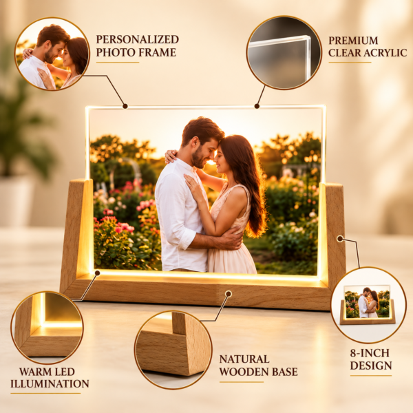 Personalized LED Photo Frame with Wooden Base – Custom 3D Acrylic Photo Collage Lamp, 8 Inch Romantic Gift