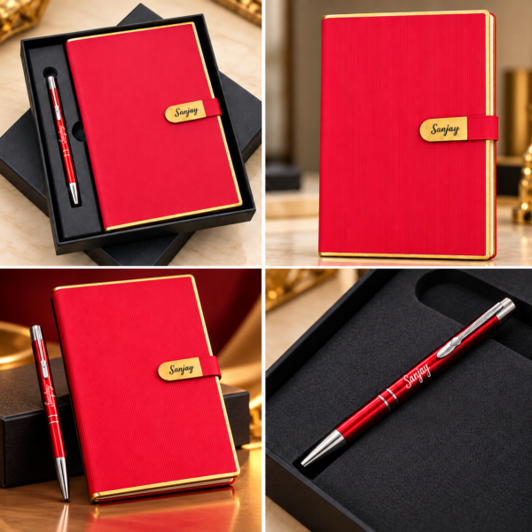 Premium Customized Red Diary & Metal Pen Gift Set with Gift Box | Personalized Name Notebook for Corporate Gifting, Office & Professionals