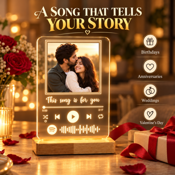 Personalized Spotify Photo LED Lamp with Custom Song Code | Acrylic Music Frame Night Light with Wooden Base