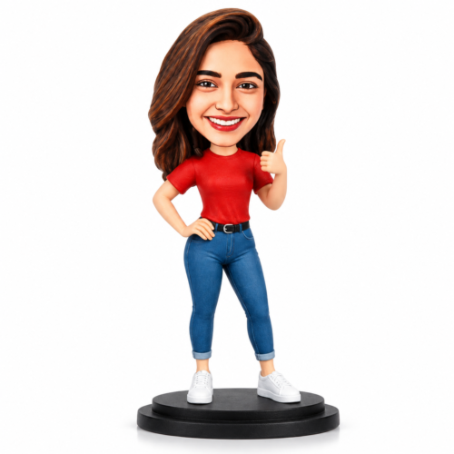 Personalized Caricature Doll from Photo – 6 Inch Custom Miniature Girl Figurine in Red T-Shirt and Blue Jeans