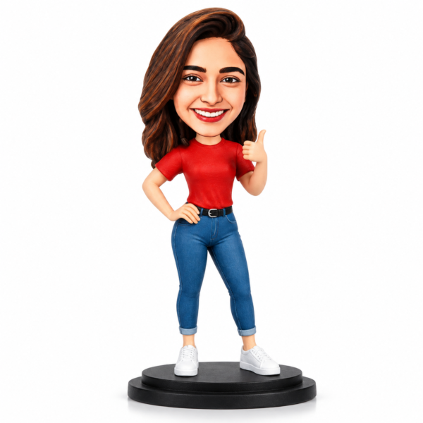 6da4b517-3422-47a2-8688-af78b1570c51 Personalized Caricature Doll from Photo – 6 Inch Custom Miniature Girl Figurine in Red T-Shirt and Blue Jeans