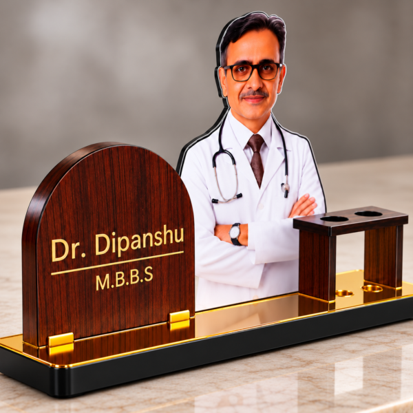 Personalized Doctor Desk Name Plate with Photo | Custom Wooden Doctor Name Board with Pen Holder for Clinic, Hospital & Medical Office