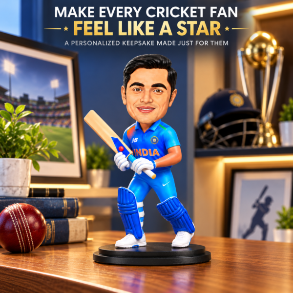 Personalized Cricket Player Caricature from Photo – 6 Inch Custom Cricketer Figurine in Blue Cricket Jersey
