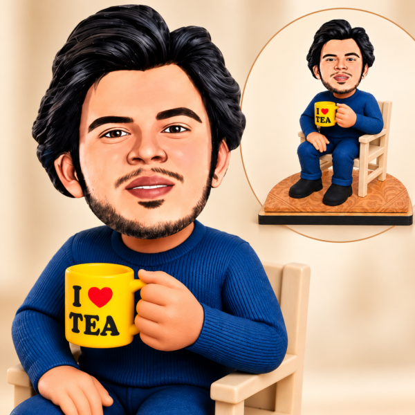 8820123b-1992-46ff-8fd8-e279d91edcba Personalized Tea Lover Caricature from Photo – 6 Inch Custom Chai Lover Figurine with I Love Tea Mug