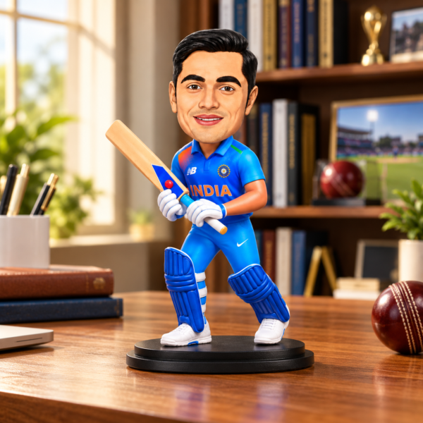 Personalized Cricket Player Caricature from Photo – 6 Inch Custom Cricketer Figurine in Blue Cricket Jersey