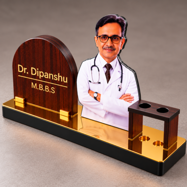 Personalized Doctor Desk Name Plate with Photo | Custom Wooden Doctor Name Board with Pen Holder for Clinic, Hospital & Medical Office