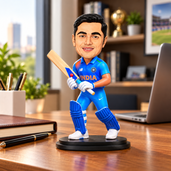 Personalized Cricket Player Caricature from Photo – 6 Inch Custom Cricketer Figurine in Blue Cricket Jersey