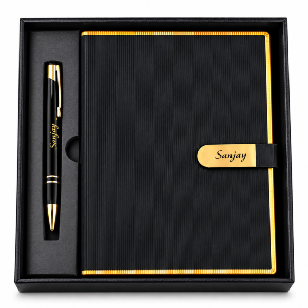 Premium Customized Black Diary & Metal Pen Gift Set with Name Engraving | Personalized Corporate Gift Combo for Employees, Clients & Diwali