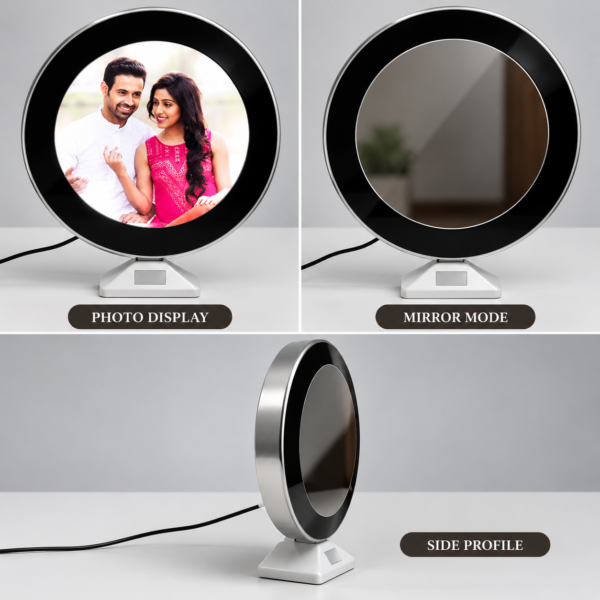 Circular LED Mirror Frame Showcase-4 Customized Magic Mirror LED Photo Frame with Personalized Picture | Round Photo Mirror Gift for Wife, Mom & Anniversary