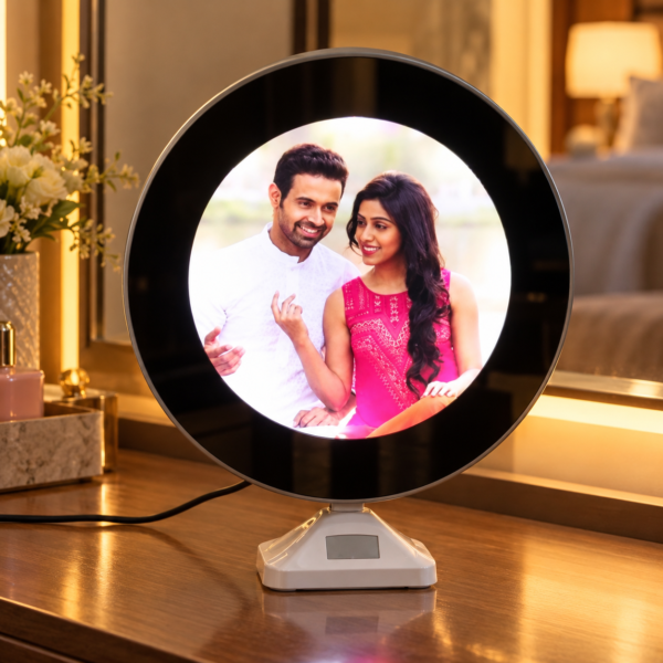 Cozy Couple Photo Frame Vignette-3 Customized Magic Mirror LED Photo Frame with Personalized Picture | Round Photo Mirror Gift for Wife, Mom & Anniversary