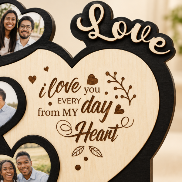 Personalized Wooden Love Photo Frame with 3 Heart-Shaped Photo Slots | Custom Romantic Couple Gift for Anniversary, Wedding & Valentine’s Day – 8 × 8 Inch