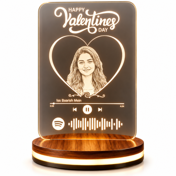 Personalized Valentine’s Day Spotify Photo LED Lamp with Custom Portrait | 3D Illusion Acrylic Night Light with Wooden Base, Romantic Gift for Couples