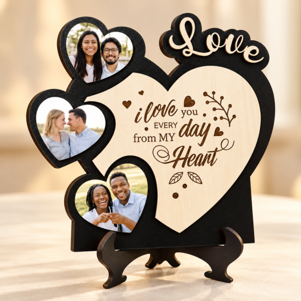 Personalized Wooden Love Photo Frame with 3 Heart-Shaped Photo Slots | Custom Romantic Couple Gift for Anniversary, Wedding & Valentine’s Day – 8 × 8 Inch
