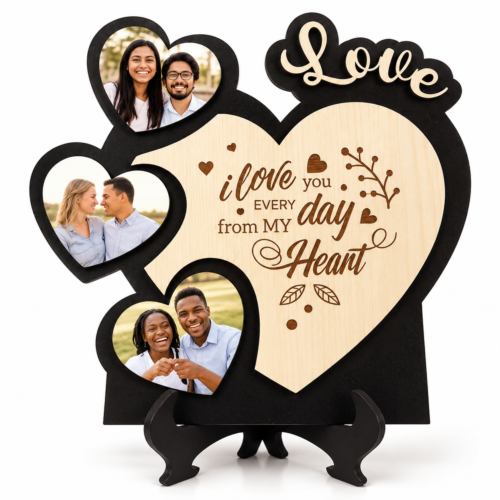 Heartfelt Love Photo Plaque-1 Personalized Wooden Love Photo Frame with 3 Heart-Shaped Photo Slots | Custom Romantic Couple Gift for Anniversary, Wedding & Valentine’s Day – 8 × 8 Inch