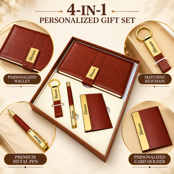 Personalized 4-in-1 Gift Set for Men with Custom Name | Brown A5 Diary, Metal Pen, Keychain & Card Holder in Gift Box | Corporate Gift Combo