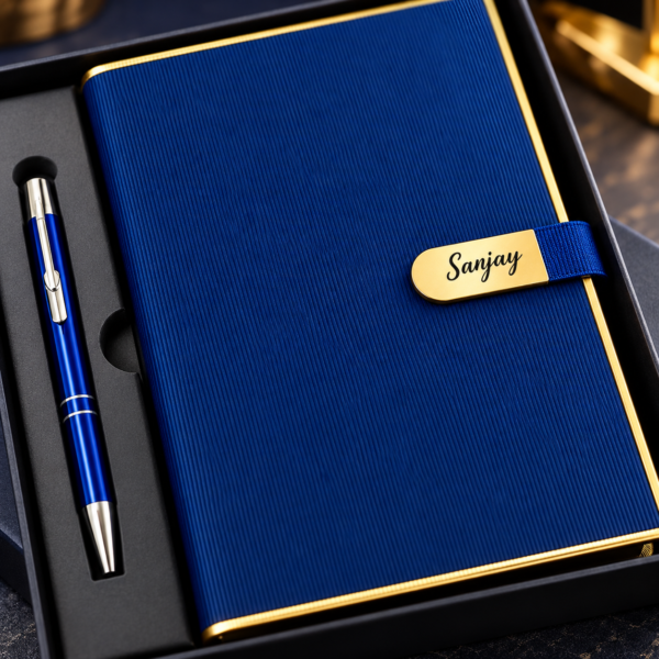 Premium Customized Blue Diary & Metal Pen Gift Set with Gift Box | Personalized Name Notebook for Corporate Gifting, Office & Professionals