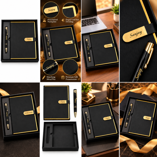 Premium Customized Black Diary & Metal Pen Gift Set with Name Engraving | Personalized Corporate Gift Combo for Employees, Clients & Diwali