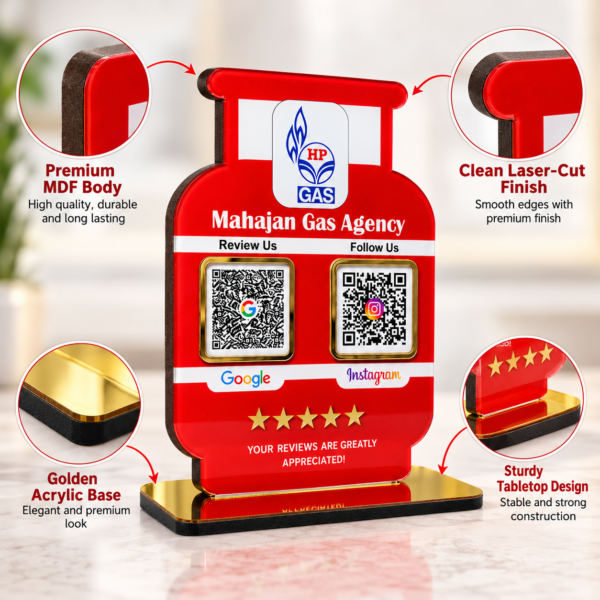 Mahajan Gas Agency Display Stand Customized QR Code Standee for Gas Agency | Gas Cylinder Shape with 2 Custom QR Codes | 5x7 Inch