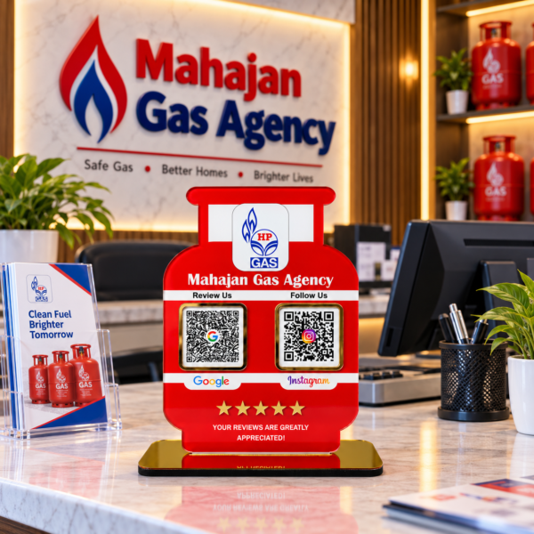 Mahajan Gas Agency Reception Display Customized QR Code Standee for Gas Agency | Gas Cylinder Shape with 2 Custom QR Codes | 5x7 Inch