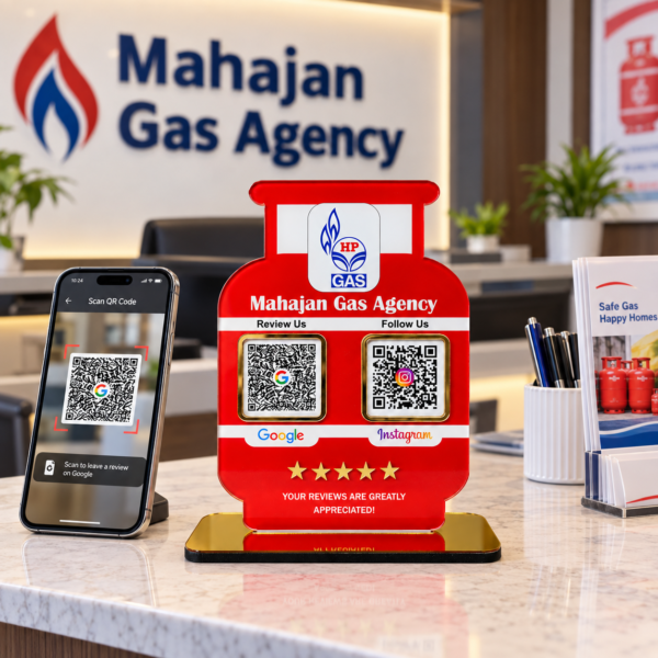 Mahajan Gas Agency Review Display Customized QR Code Standee for Gas Agency | Gas Cylinder Shape with 2 Custom QR Codes | 5x7 Inch