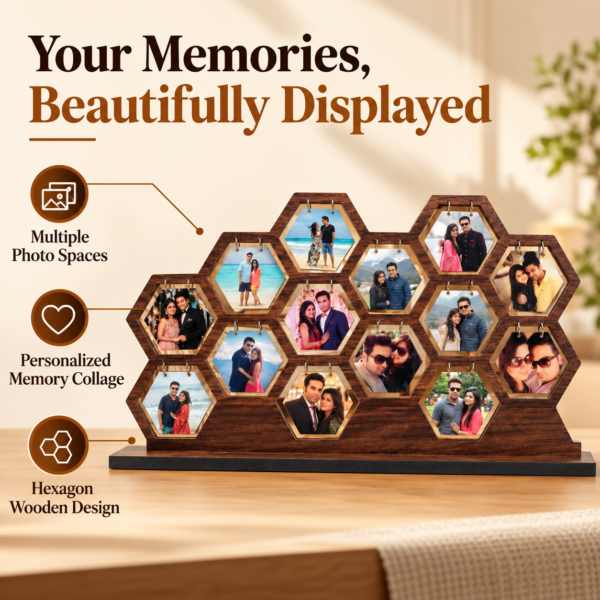 Wooden Hexagon Photo Frame Collage for Wall or Tabletop | Multi Photo Display with Rustic Finish | Personalized Couple & Family Gift