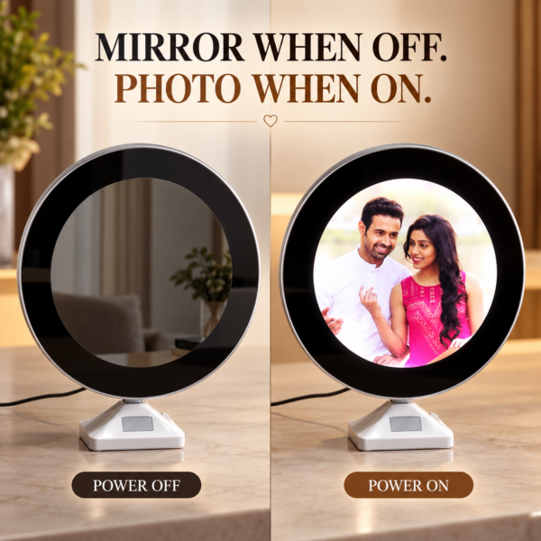 Mirror When Off, Photo When On-6 Customized Magic Mirror LED Photo Frame with Personalized Picture | Round Photo Mirror Gift for Wife, Mom & Anniversary