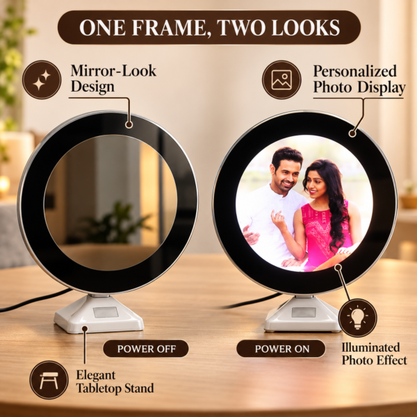 One Frame, Two Looks-2 Customized Magic Mirror LED Photo Frame with Personalized Picture | Round Photo Mirror Gift for Wife, Mom & Anniversary