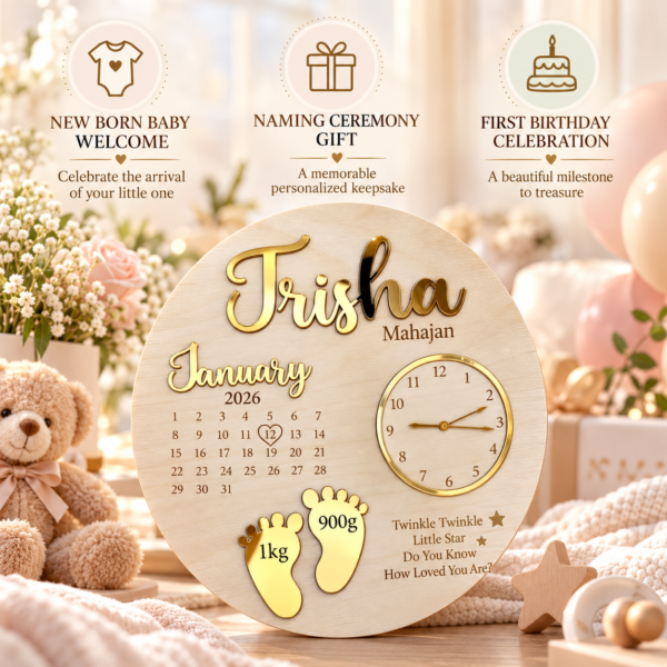 Personalized Baby Keepsake Celebration Personalized Newborn Baby Birth Announcement Plaque with Name & Birth Details | Wooden Baby Stats Clock Keepsake | 12 Inch