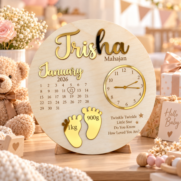 Personalized Baby Milestone Plaque Personalized Newborn Baby Birth Announcement Plaque with Name & Birth Details | Wooden Baby Stats Clock Keepsake | 12 Inch