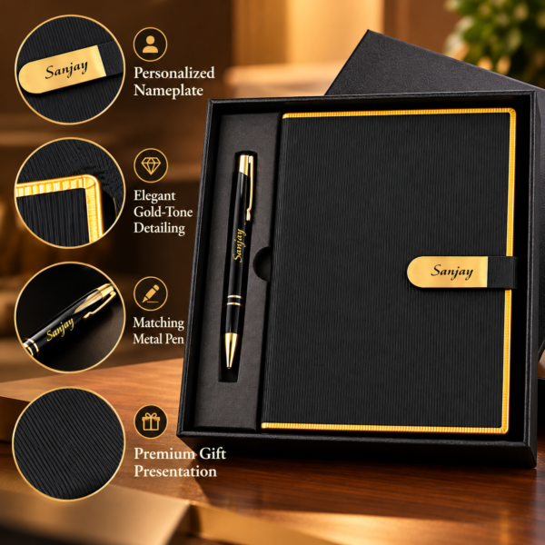 Premium Customized Black Diary & Metal Pen Gift Set with Name Engraving | Personalized Corporate Gift Combo for Employees, Clients & Diwali