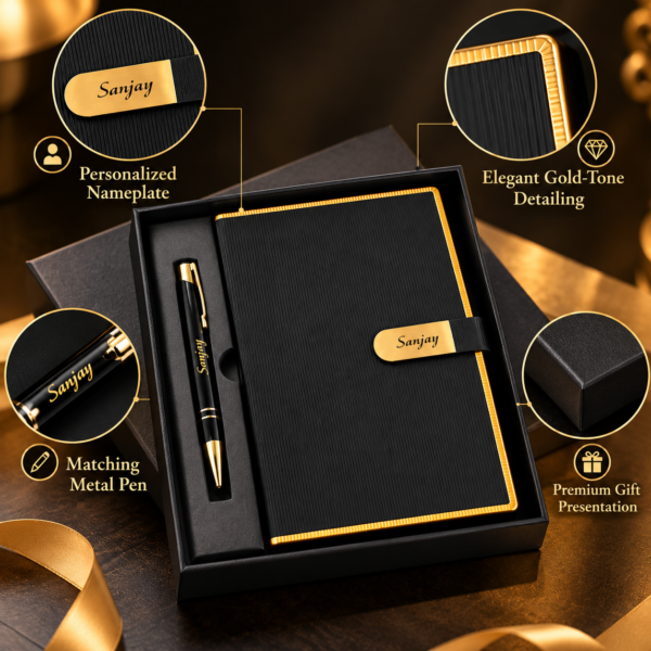 Premium Customized Black Diary & Metal Pen Gift Set with Name Engraving | Personalized Corporate Gift Combo for Employees, Clients & Diwali