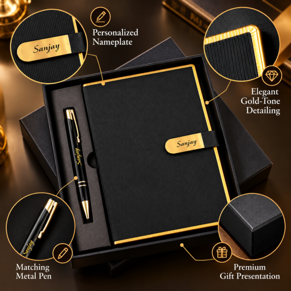 Premium Customized Black Diary & Metal Pen Gift Set with Name Engraving | Personalized Corporate Gift Combo for Employees, Clients & Diwali