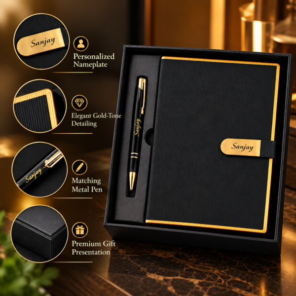 Premium Customized Black Diary & Metal Pen Gift Set with Name Engraving | Personalized Corporate Gift Combo for Employees, Clients & Diwali