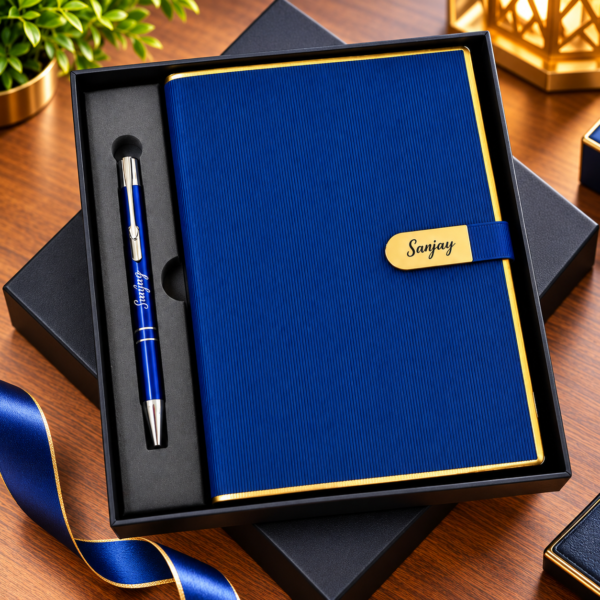 Premium Customized Blue Diary & Metal Pen Gift Set with Gift Box | Personalized Name Notebook for Corporate Gifting, Office & Professionals