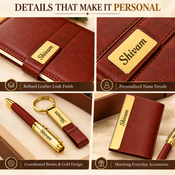 Personalized 4-in-1 Gift Set for Men with Custom Name | Brown A5 Diary, Metal Pen, Keychain & Card Holder in Gift Box | Corporate Gift Combo