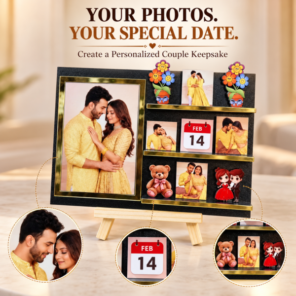 Personalized Couple Keepsake Frame-7 Personalized Couple Photo Standee with Custom Date | Miniature Memory Frame with Wooden Stand for Anniversary, Wedding & Valentine’s Day Gift