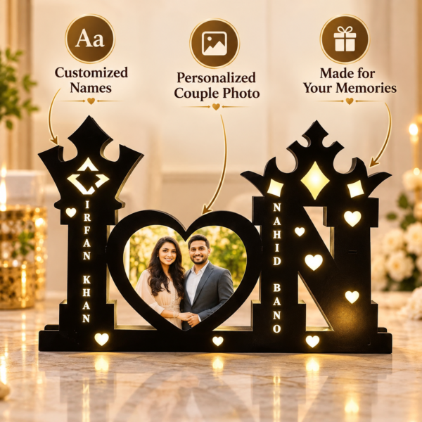 Personalized Couple LED Frame Display-7 Customized Couple LED Photo Frame with Heart-Shaped Picture & Names | Personalized Black Wooden Night Lamp for Husband, Wife, Anniversary & Wedding Gift – 12 × 18 Inch