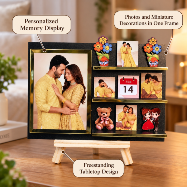 Personalized Couple Memory Display Frame-6 Personalized Couple Photo Standee with Custom Date | Miniature Memory Frame with Wooden Stand for Anniversary, Wedding & Valentine’s Day Gift