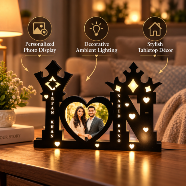 Personalized Glow Couple Frame-6 Customized Couple LED Photo Frame with Heart-Shaped Picture & Names | Personalized Black Wooden Night Lamp for Husband, Wife, Anniversary & Wedding Gift – 12 × 18 Inch