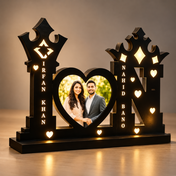 Personalized Heart Couple LED Lamp-4 Customized Couple LED Photo Frame with Heart-Shaped Picture & Names | Personalized Black Wooden Night Lamp for Husband, Wife, Anniversary & Wedding Gift – 12 × 18 Inch