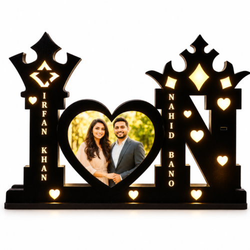 Personalized I Love N LED Photo Frame-1 Customized Couple LED Photo Frame with Heart-Shaped Picture & Names | Personalized Black Wooden Night Lamp for Husband, Wife, Anniversary & Wedding Gift – 12 × 18 Inch