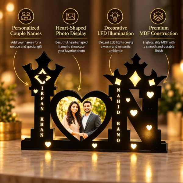 Personalized LED Heart Photo Frame-2 Customized Couple LED Photo Frame with Heart-Shaped Picture & Names | Personalized Black Wooden Night Lamp for Husband, Wife, Anniversary & Wedding Gift – 12 × 18 Inch