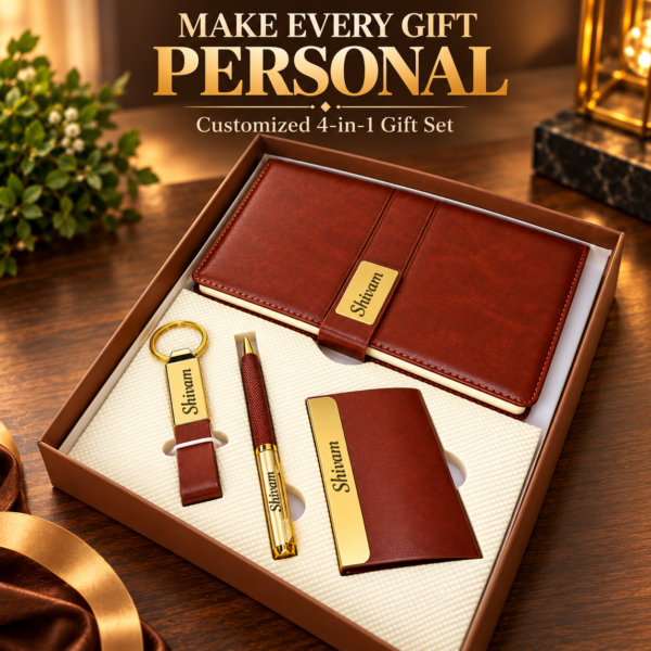 Personalized 4-in-1 Gift Set for Men with Custom Name | Brown A5 Diary, Metal Pen, Keychain & Card Holder in Gift Box | Corporate Gift Combo