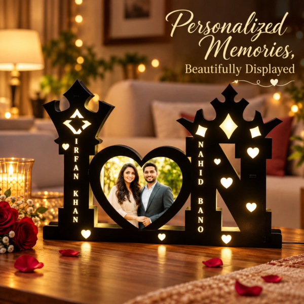 Personalized Memories LED Photo Frame-8 Customized Couple LED Photo Frame with Heart-Shaped Picture & Names | Personalized Black Wooden Night Lamp for Husband, Wife, Anniversary & Wedding Gift – 12 × 18 Inch